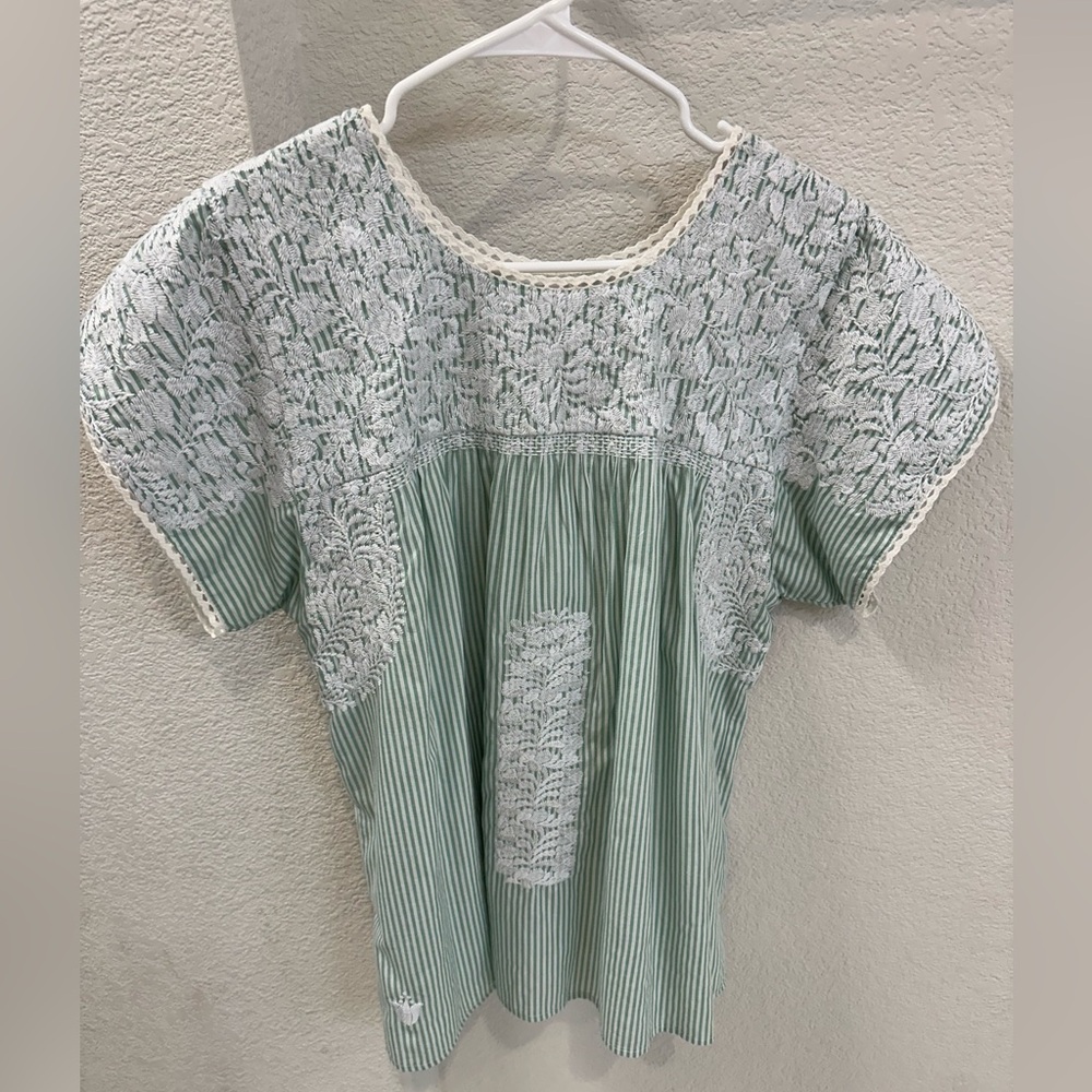 Striped Green and White embroidered Mexican style blouse